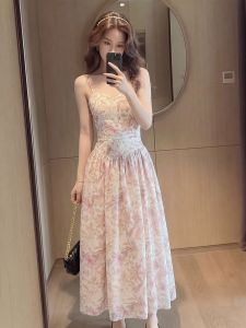 YIKEMAI | Gentle Pink Floral Strap Slimming Dress