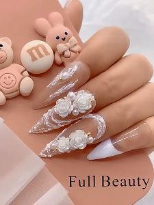 Kotak Bunga Resin Warna Putih Dengan Manik-Manik Emas Untuk Dekorasi Nail Art