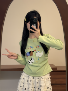 Áo Thun Dài Tay Nữ Dáng Ôm in Họa Tiết Hoạt Hình Mùa Thu Cotton Pha Lanh Co Giãn Cổ Tròn Dài Thường