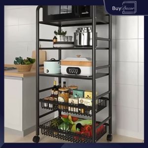 Buydecor Stainless Steel 5 Layer Organizer Rack Storage Cart with Free Hook Bucket and Wheels