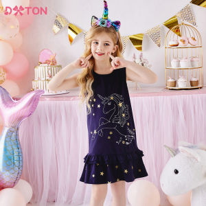 DXTON Summer Girls Sleeveless Dress Unicorn Star Print Cotton Kids Dress Girls Ruffle Frocks Children Casual Princess Clothes