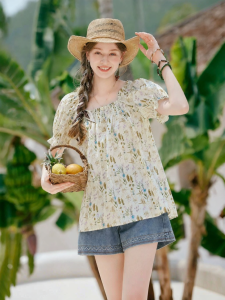 XIANGYING | Floral Print Cotton Blouse Straight Sleeve Puff Sleeve