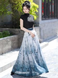 New Chinese Style Summer 2025 Daily Hanfu Womens Reformed Chilly Calligraphy Ink Painting Horse Tailed Skirt Set