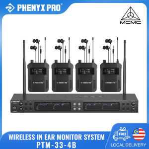 Phenyx Pro PTM-33 Wireless in Ear Monitor System Quad-Channel Mono Wireless IEM System Metal IEM 4 Bodypacks 4x25 UHF Frequencies Rack Mount 164ft Range Mono Deisgn for Studio/Band