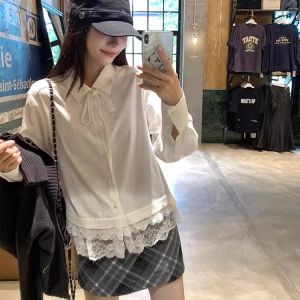 Áo Sơ Mi Rộng Cổ Bẻ Ren Xếp Nếp Có Dây Buộc Thời Trang Mùa Xuân Thu Mặc Trong Màu Trơn Dài Tay Khóa Cài