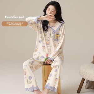 Miiow | Pure Cotton Long Sleeve Sleepwear Set For Women With Chest Pad Home Clothes Sweet Cute Style MiiOW Cat Person 2025 New Arrival