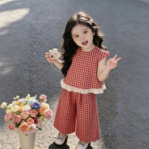 Korean Style Sweet Cute Girl Loose Checkered Sleeveless Suit Set Summer