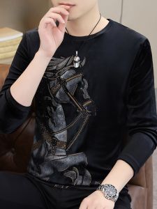 HENGYUANXIANG | Hengyuanxiang Mens Round Neck Long Sleeve Sweatshirt Gold Velvet Casual Top Youth Fashion Autumn Wear Base Shirt