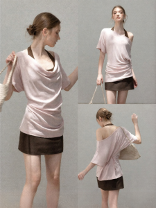 Flared Collar Asymmetric Sleeve Pink T-Shirt For Autumn Wearing