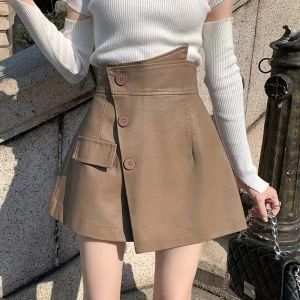 High Waist Asymmetric Vintage Womens Leather Shorts Skirts With Button 2024 Autumn Winter Fake Two Pieces Pu Short Pants