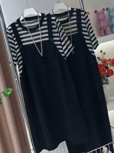 Slimming Stripe Print Short Sleeve Midi Dress Womens Loose Fit Fashionable Patchwork plus Size A-Line Skirt Summer Dress