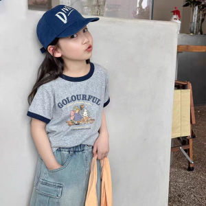 Girls Cotton T-Shirt Short Sleeve round Neck Casual Top Cartoon Print Half Sleeve Color Block Mid-Size Childrens Summer Wear