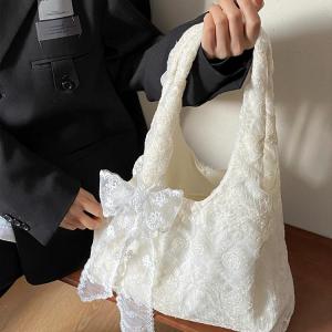 กระเป๋าผ้าใบลายดอกไม้ลูกไม้สไตล์เกาหลีสำหรับผู้หญิง ความจุขนาดใหญ่ กระเป๋าถือสำหรับเดินทางไปทำงาน กระเป๋าใต้วงแขน กระเป๋าสะพายไหล่แบบลำลอง