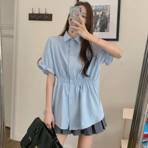 plus Size French Style Womens Short Sleeve Shirt Slimming Waist Cover Belly Summer New Arrival Polo Collar Bubble Sleeve Shirt