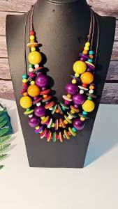 MOON GIRL | Ethnic Customs Multi Layer Handmade Big Bead Wood Necklace & Pendant Leather Chain Adjust Bohemian Wooden Jewelry Vintage Collar