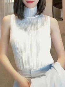 Collared High Neck Sleeveless Womens Base Shirt Draped Polyester Fiber Versatile Summer New Style Office Brother Spring Fashion