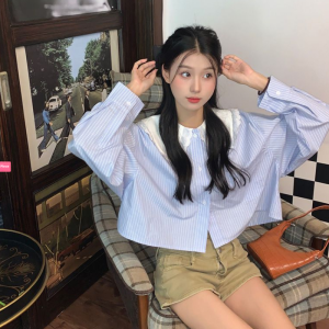 Chic French Doll Top Long Sleeve Shirt for Women Loose Fit Patchwork Design Autumn Season Versatile Casual Wear