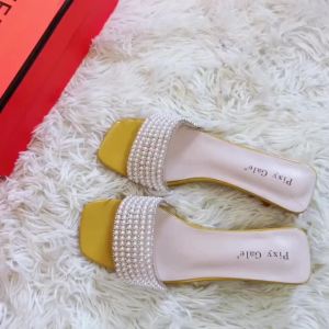 227CXL Brand Fashion Beautiful Slippers 1.57 Inches Mid High Heels INS Style Pearl Sandals For Women (Size 34-39)