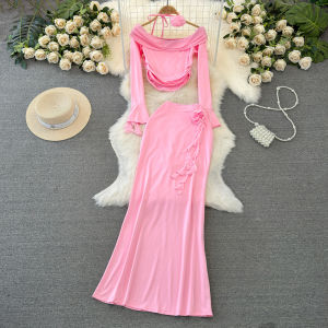 Fashion Suit Womens Long Sleeve off-Shoulder Shoulder-Baring Slim-Fit Crop-Top Two-piece Set High Waist Slit Sheath Skirt