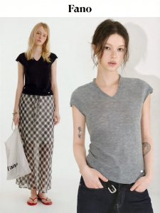 Fano | Áo Thun Knit V-neck Ngắn Phong Cách Hàn Quốc Đơn Giản