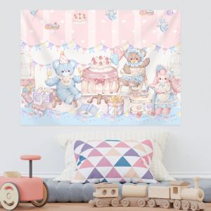 VIKAMA Gấu Hồng Thỏ Hoạt Hình Tấm Thảm Polyester Thu Chữa Lành Ký Túc Xá Trang Trí Phòng Treo Tường Không Dệt
