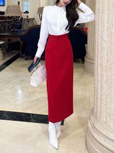 Retro Simple White Shirt New Chinese Style High Waist Slimming Red Halter Skirt Elegant Design Polyester Fiber Long Straight Tube