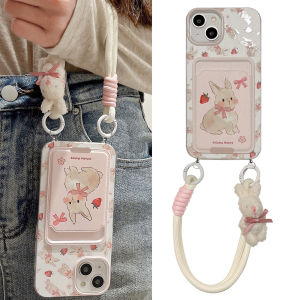 Strawberry Rabbit Silicone Phone Case with Card Holder Hand Strap for Huawei Nova12 Ultra Nova11se Protective Cover Anti-Fall