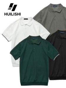 HUILISHI Diagonal Texture Cotton Knitted Lapel Casual Mens Summer Polo