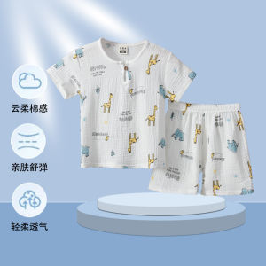 Childrens Summer Sleepwear Cotton Pajamas Short Sleeve Home Clothes Set Boy Girl Baby Air Conditioning Thin Breathable Cartoon Print