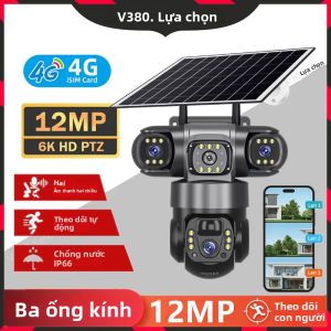 Camera An Ninh Ngoài Trời V380 Pro 12MP 4G SIM Card Năng Lượng Mặt Trời 6K Zoom 10X PTZ Tự Động Theo Dõi Chuyển Động Người Chống Nước Bộ Nhớ 128G