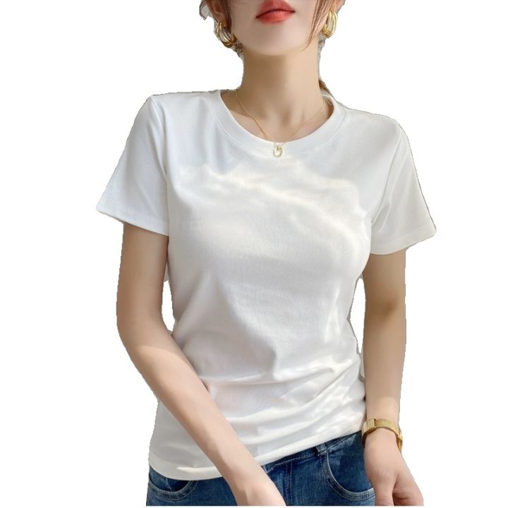 White Short Sleeve Shoulder T-Shirt Female Pure Cotton 2024 Summer New ...