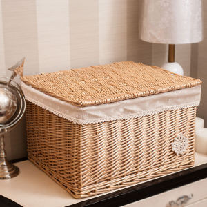Large Covered Wicker Storage Box Drawer Organizer Basket Storage Bin for Home Kitchen Bedroom Closet Dining Room