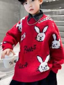 เสื้อสเวตเตอร์ถักคอวีหนาสำหรับเด็กชายและเด็กหญิง ขนกระต่ายสีแดง แขนยาว ปกตั้ง สไตล์ลำลอง เสื้อผ้าเด็ก ฤดูใบไม้ผลิและฤดูหนาว