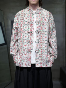 Mens Long Sleeve Tang Costume Shirt Spring Autumn Fashion Urban Loose Fit Cotton Big Size Youth Chinese Style Floral Pattern