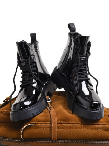 Mens Martin Boots 2025 New Style Glossy Thick Bottom Autumn Winter Fleece Lined High Top British Style Motorcycle Leather Boots