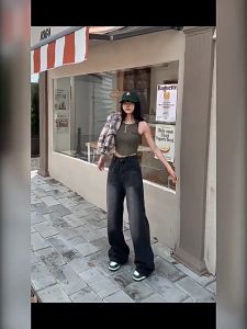 🌏SY กางเกงยีนส์ขายาววินเทจผู้หญิงเอวสูงกางเกงยีนส์ขาตรง Commuter กางเกงยีนส์อเนกประสงค์