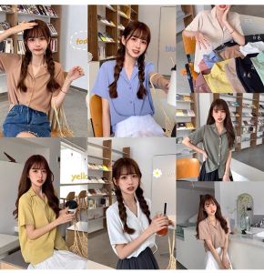 ชุดเสื้อเชิ้ตหญิง สีพื้นแขนสั้น 2024 ใหม่ #009