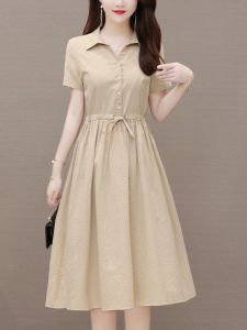 Váy Vải Lanh Cotton Thường Ngày Thời Trang Mùa Hè Cho Phụ Nữ Mẹ Nhỏ Cỡ Nhỏ Thanh Lịch Váy Chữ a Cạp Cao Váy Chữ a Dài Vừa Phải