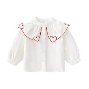 New Spring Autumn Girls Shirts Love Heart Embroidery Ruffle Collar Long Sleeve Single Breasted Blouse Casual Kids Clothes A0529