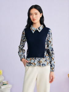 Shirt-collar Print Faux Two-piece Wool-blend Knitwear