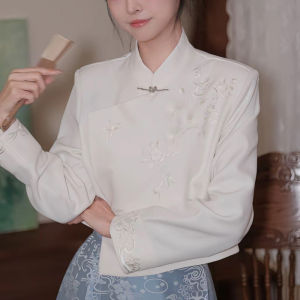 Elegant Embroidered Ancient Style Shirt Long Sleeve Stand Collar Hanfu Influenced Womens Fashion Commute Friendly Classic Cut
