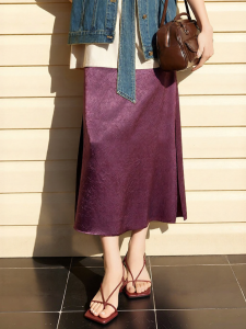 INLIFE | Mature Elegance Purple Satin High Waist Lace Slit Mid-Length Skirt