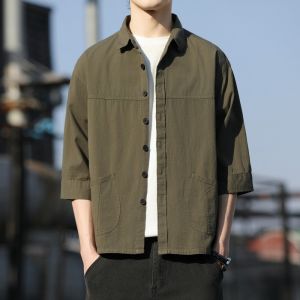 Summer 2025 Mens Pure Cotton 7/8 Sleeve Casual Work Shirt Loose Fit Classic Style Button Closure Solid Color Youth Fashion