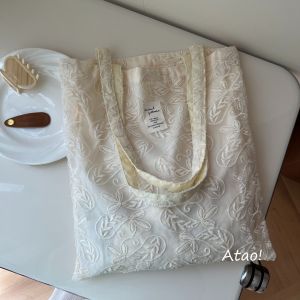 French Style Lace Embroidery Net Single Shoulder Bag Canvas Bag Artistic Retro Cotton Cloth Bag Underarm Bag Women Versatile