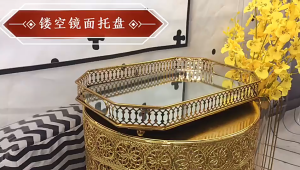 Eyre（Jaminan Kualitas） Nordic Cahaya Gaya Mewah Emas Besi Tempa Kaca Cermin Dasar Tray Ruang Tamu Desktop Perhiasan Tray Rumah Tangga Nampan PenyimpananNordic Light Luxury Style Golden Wrought Iron Glass Mirror Base Tray Living Room Desktop Jewelry Tray