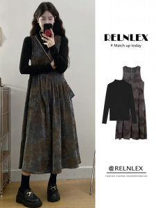 Early Autumn Plump French Vintage Velvet Overalls Dress Set Elegant Style High Waist Long Sleeve A-Line Skirt Two-Piece Suit