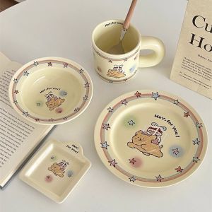 INS Korean Cute Puppy Milk Huhoo Tableware Suit for One Person Ceramic Plate Breakfast Dessert Plate Salad Bowl