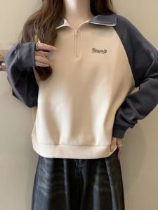 เสื้อสเวตเตอร์คอโปโลมีซิปครึ่งตัวสำหรับผู้หญิงในฤดูใบไม้ผลิและฤดูใบไม้ร่วง เสื้อแขนยาวบาง ทรงหลวม สีบล็อก แฟชั่นเกาหลี