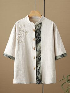 JIARONG | Bamboo Leaf Embroidery Patchwork Linen Mens Shirt