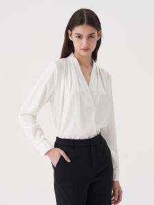 USSHEEEN Womens Long Sleeve Satin Shirt V-Neck Pullover Slimming Professional Commute Style White Color Fashionable Design